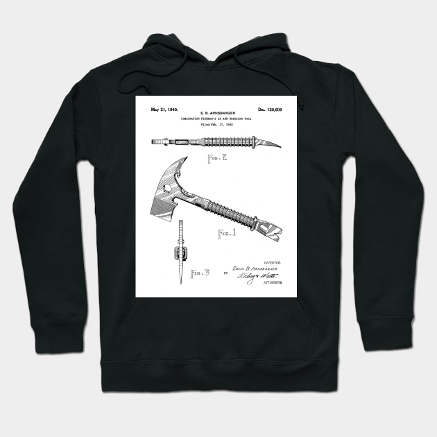 Fireman Axe Patent - Fire Fighter Art - Black And White Hoodie by patentpress
